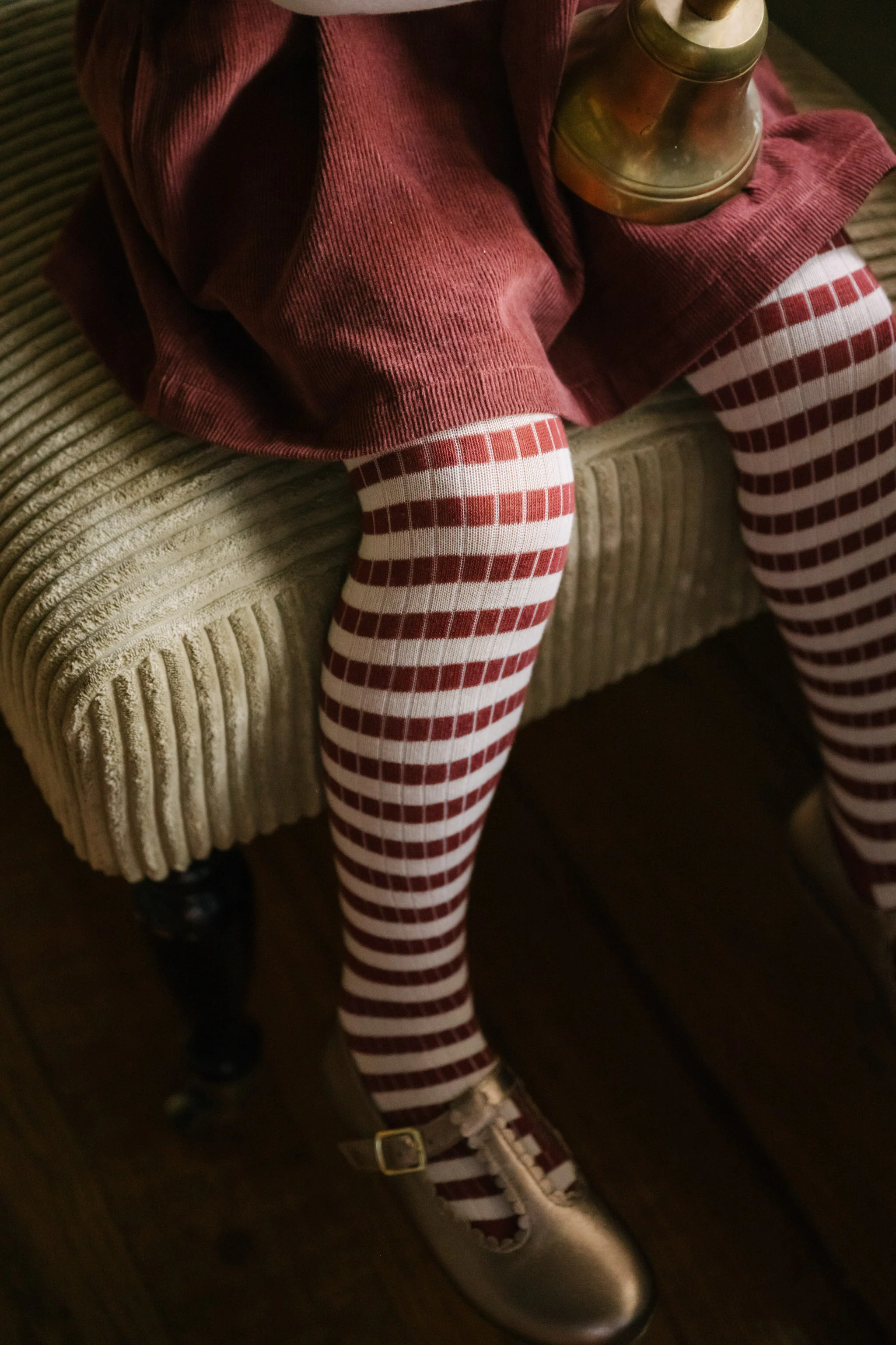 Kids Striped Ribbed Tights - Soft Peony - Mulberry Stripe - Image 2