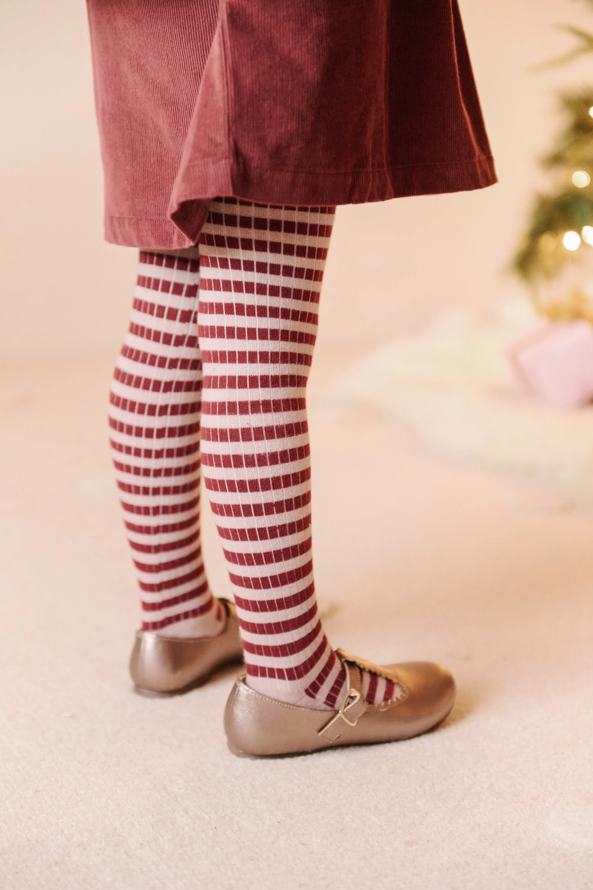 Kids Striped Ribbed Tights - Soft Peony - Mulberry Stripe - Image 3