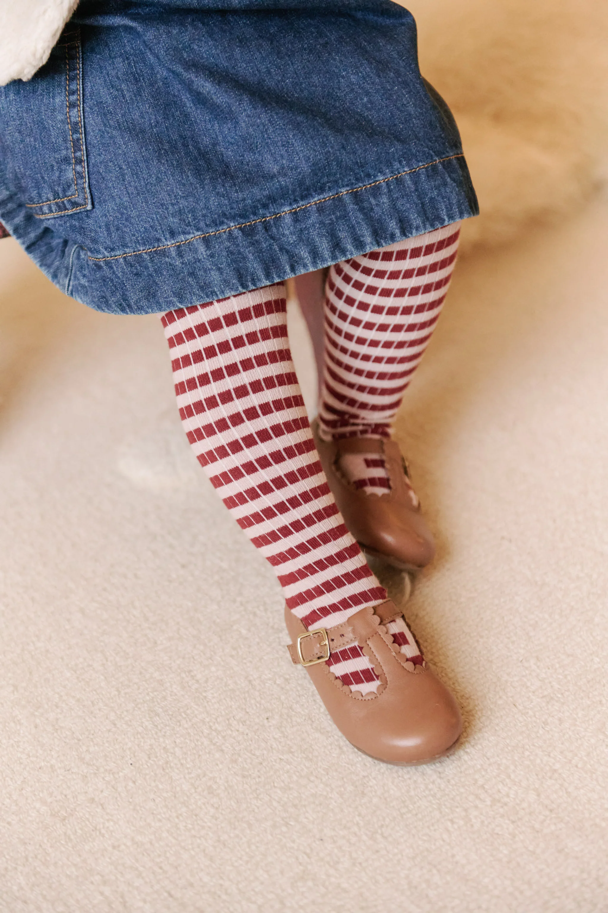 Striped Ribbed Tights with Grips - Soft Peony - Mulberry Stripe - Image 2