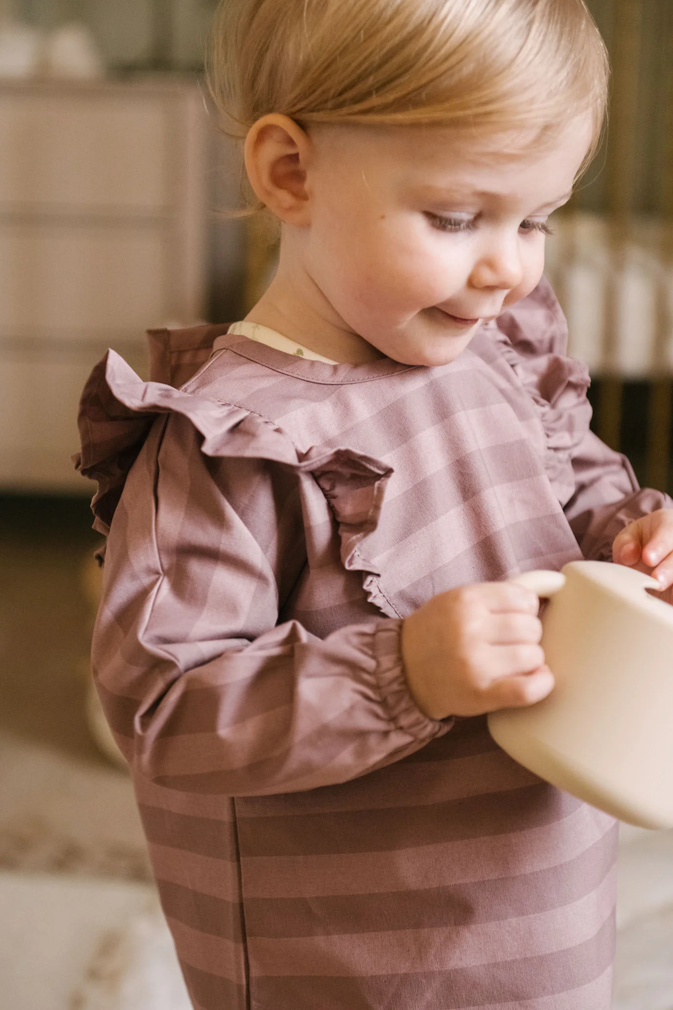 Water Repellent Ruffle Baby Smock - Thistle Stripe - Image 5